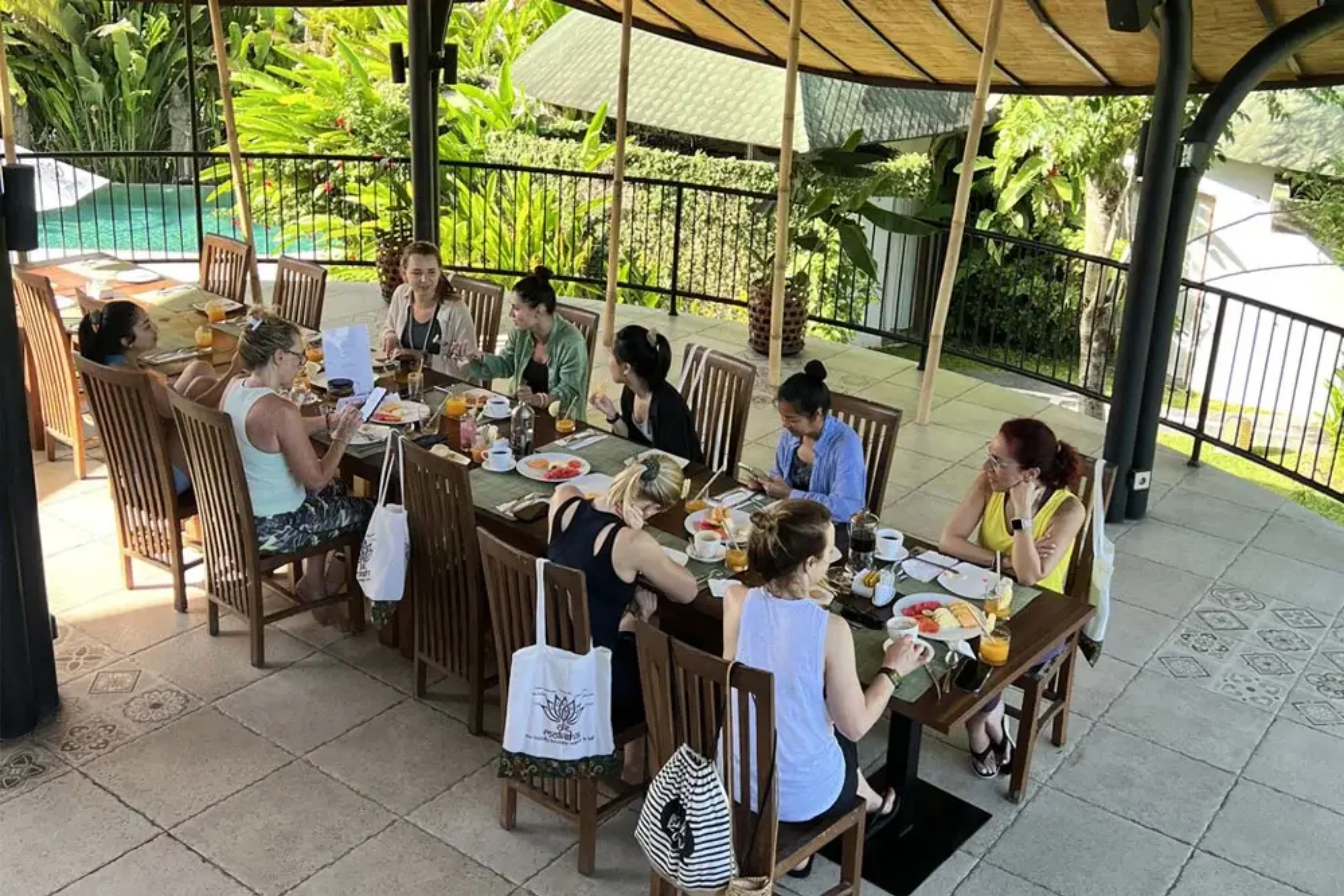 Group of students eating during Bali retreat