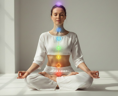 Highly realistic woman meditating in lotus pose with seven glowing chakras aligned along the spine in Kundalini Yoga practice