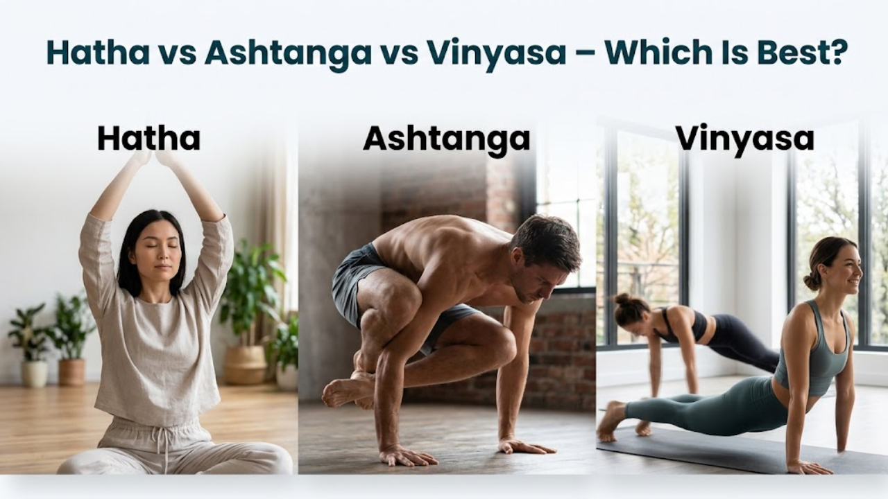 Hatha vs Ashtanga vs Vinyasa yoga comparison showing three different yoga styles with poses and flow differences