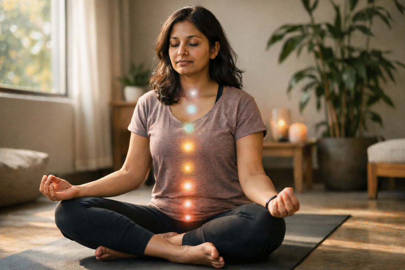 Real woman meditating with subtle glowing chakras for kundalini energy imbalance healing