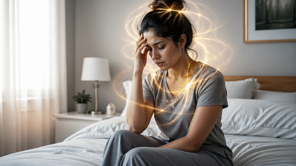 Woman feeling kundalini energy imbalance symptoms with stress and healing energy in bedroom