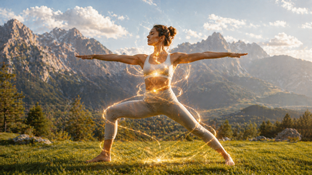 Woman doing grounding yoga pose outdoors for kundalini healing and energy balance