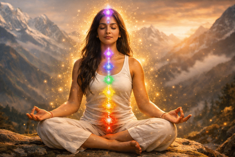 Stages of Kundalini Awakening with glowing chakras and energy rising through spine in meditation