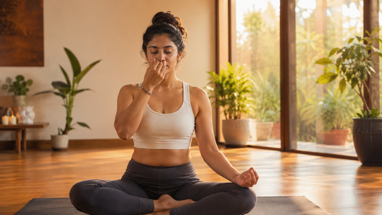 Young woman practicing pranayama breathing exercise for stress and anxiety relief in a peaceful yoga studio
