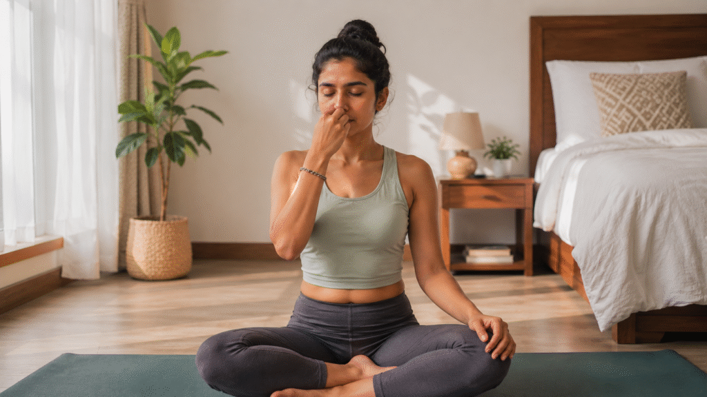 Beginner practicing pranayama for stress relief at home