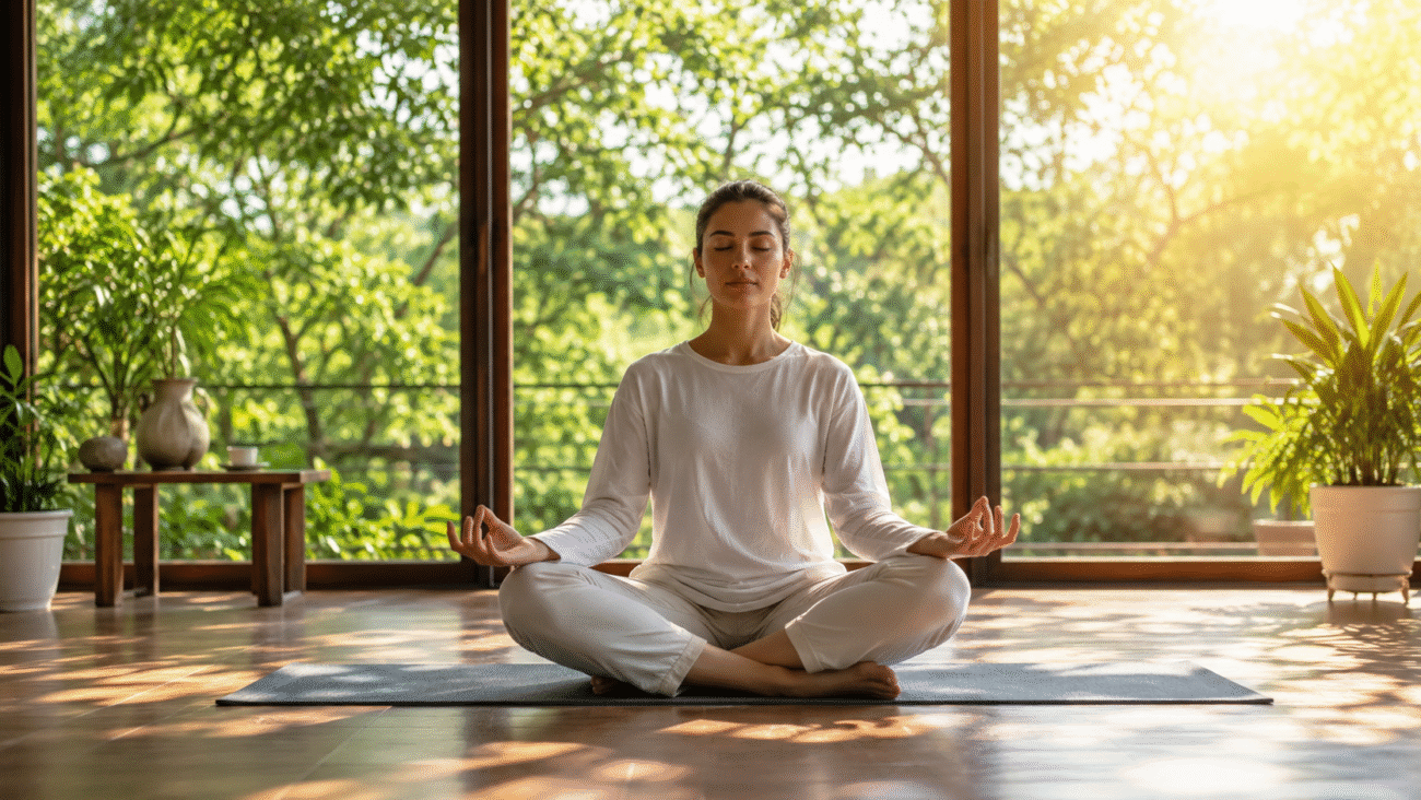 Woman practicing morning breathing exercises and meditation indoors with sunlight for natural energy and relaxation