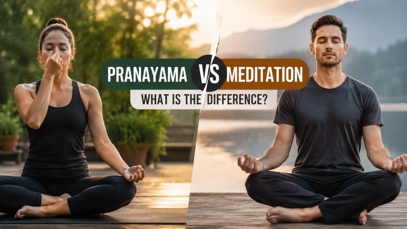 Pranayama vs Meditation comparison banner showing a woman practicing pranayama breathing and a man meditating outdoors in a peaceful natural setting.