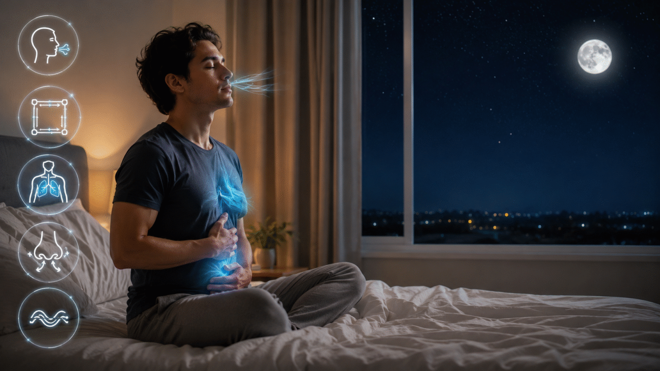 Person practicing breathing exercises on a bed at night with five breathing technique icons for better sleep naturally