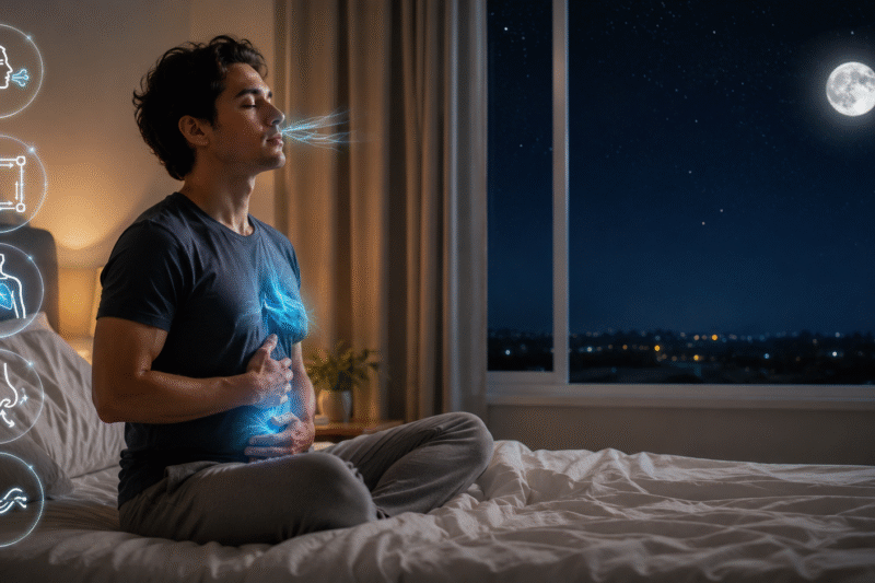 Person practicing breathing exercises on a bed at night with five breathing technique icons for better sleep naturally