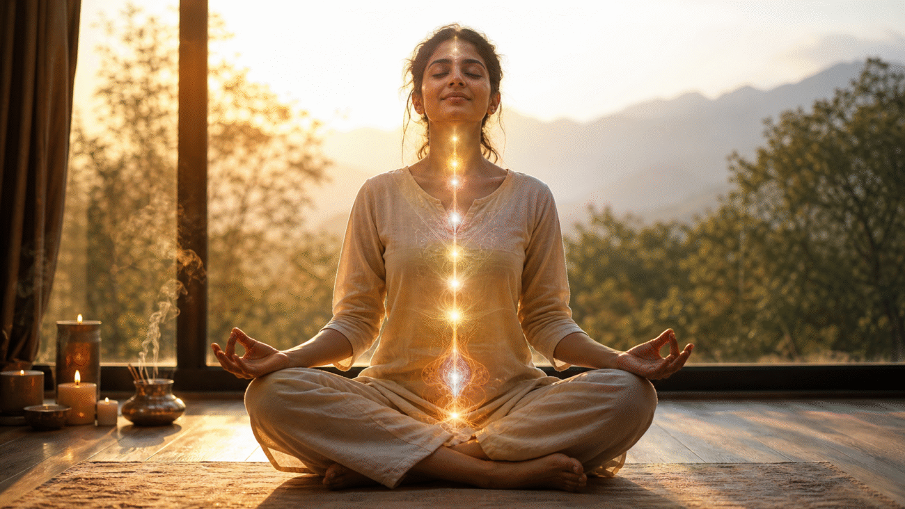 Kundalini awakening timeline with a woman meditating and chakra energy rising through the spine