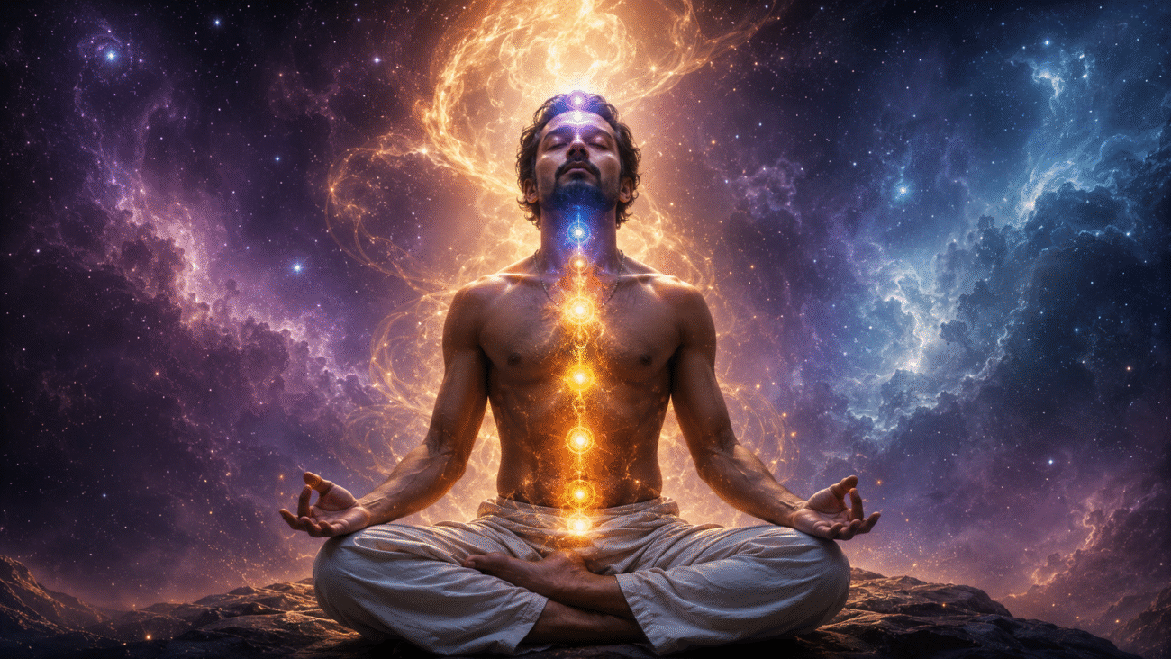 Woman experiencing kundalini awakening while meditating in golden sunlight