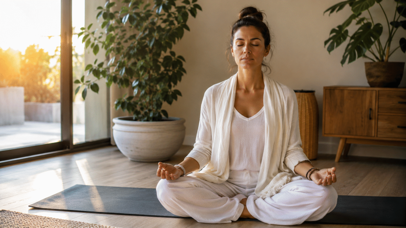 A woman practicing Kundalini Yoga meditation in a peaceful sunlit room to support anxiety relief, emotional healing, and mental wellness.