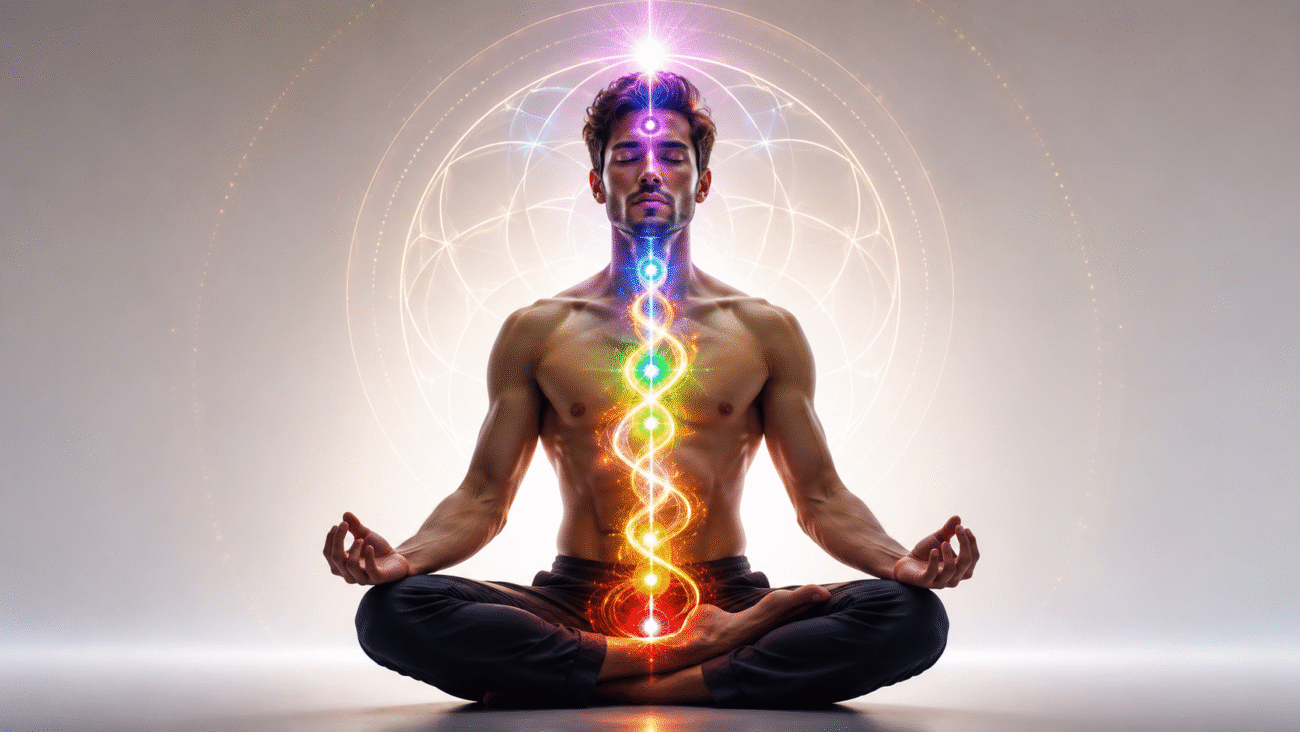 Ultra realistic man meditating with glowing Kundalini energy rising through chakras on clean modern background