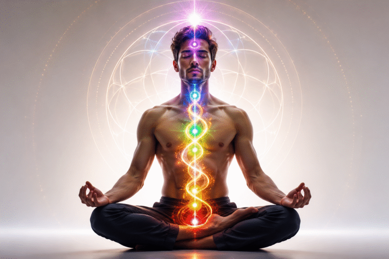 Ultra realistic man meditating with glowing Kundalini energy rising through chakras on clean modern background
