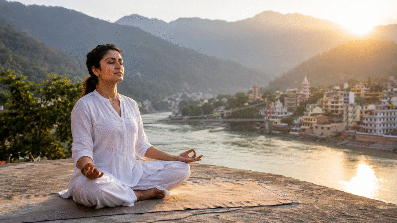 Woman practicing Kundalini Yoga during sunrise in Rishikesh with Himalayan mountain background