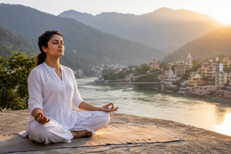 Woman practicing Kundalini Yoga during sunrise in Rishikesh with Himalayan mountain background