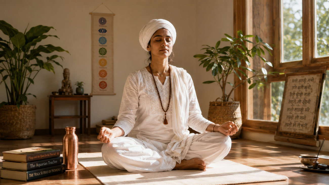 Woman practicing Kundalini Yoga meditation in a peaceful sunlit yoga studio with spiritual books and calming atmosphere
