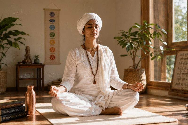 Woman practicing Kundalini Yoga meditation in a peaceful sunlit yoga studio with spiritual books and calming atmosphere