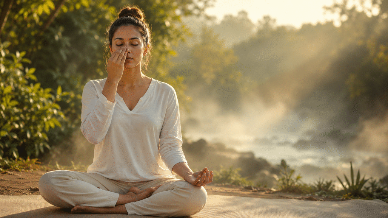 Woman practicing Kundalini pranayama breathing meditation during sunrise for stress relief and mindfulness