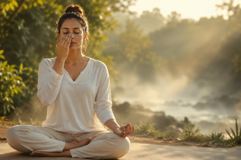 Woman practicing Kundalini pranayama breathing meditation during sunrise for stress relief and mindfulness