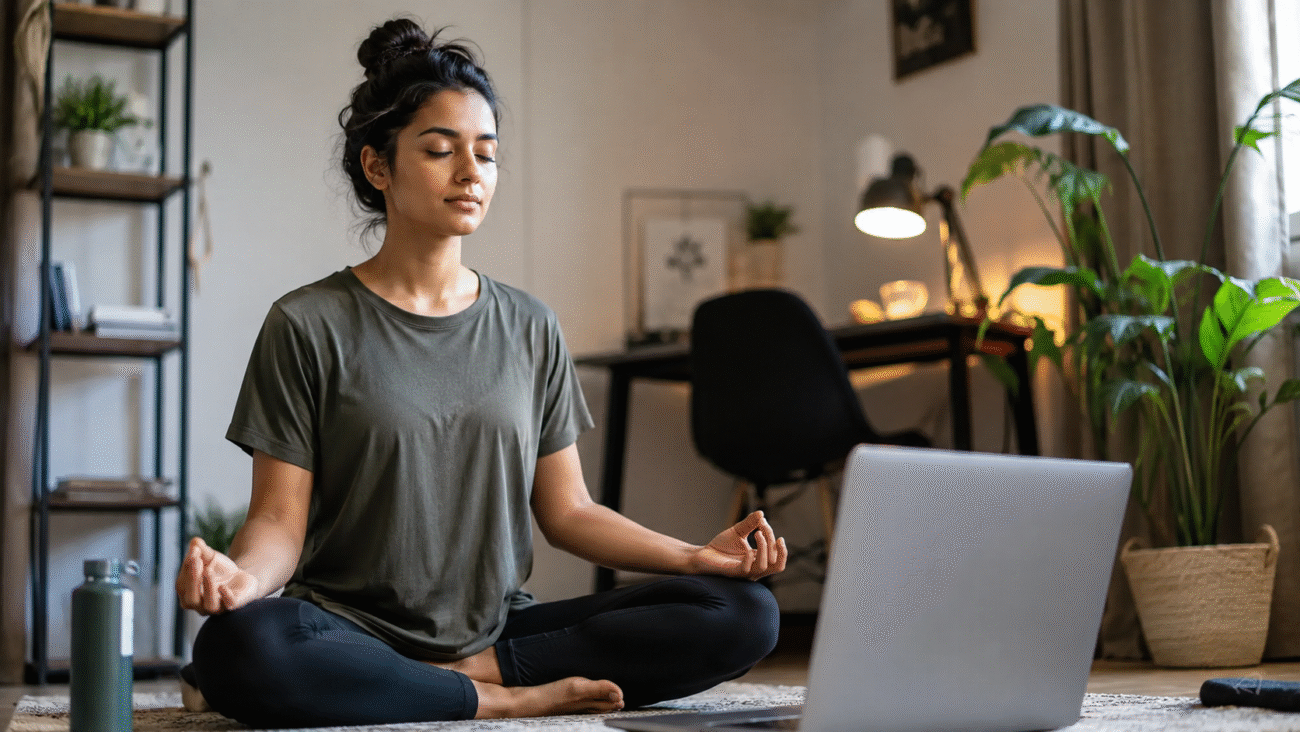 Woman practicing meditation at home while following an online breathing course on a laptop in a peaceful workspace.