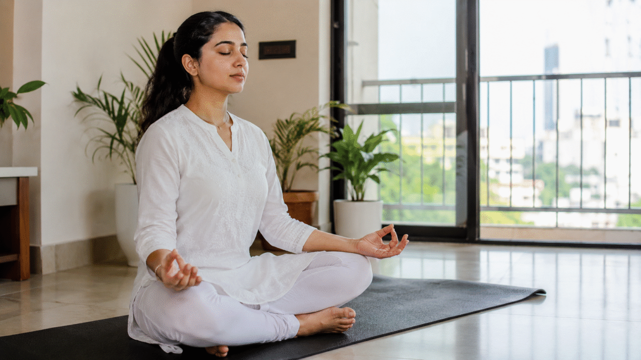 Woman practicing pranayama mudras during a breathwork session in a bright yoga studio, seated cross-legged with Chin Mudra hand gesture and natural sunlight streaming through large windows.