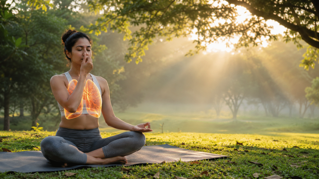 Person practicing pranayama breathing exercises outdoors to increase lung capacity and improve respiratory health