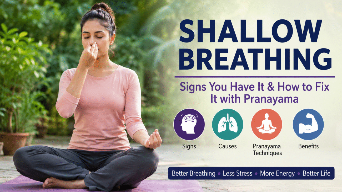 Woman practicing pranayama breathing exercises outdoors, demonstrating alternate nostril breathing to help reduce shallow breathing, stress, and anxiety while improving lung function and respiratory health.
