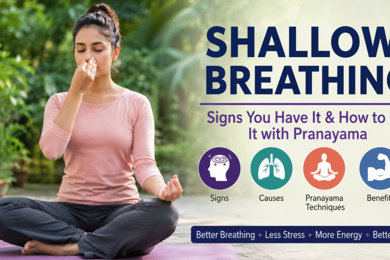 Woman practicing pranayama breathing exercises outdoors, demonstrating alternate nostril breathing to help reduce shallow breathing, stress, and anxiety while improving lung function and respiratory health.