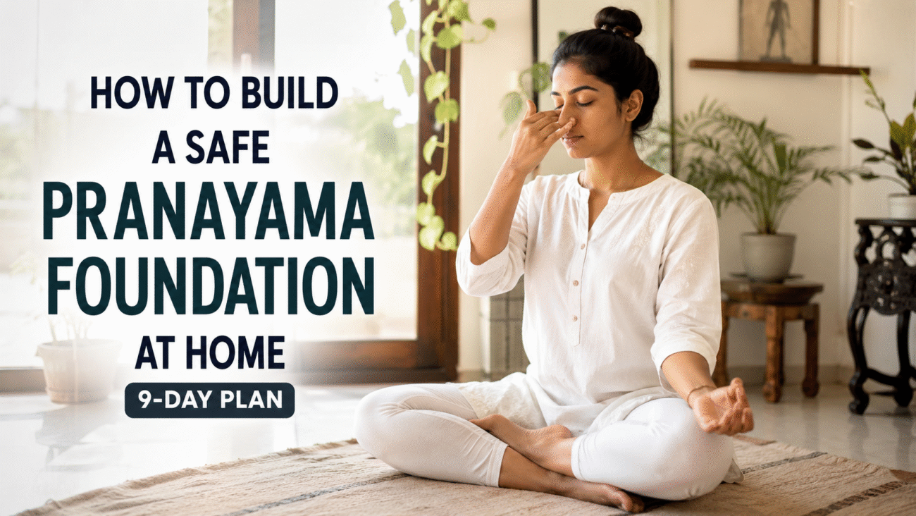 Woman practicing alternate nostril breathing in a bright home yoga space while following a safe 9-day pranayama foundation plan for beginners.
