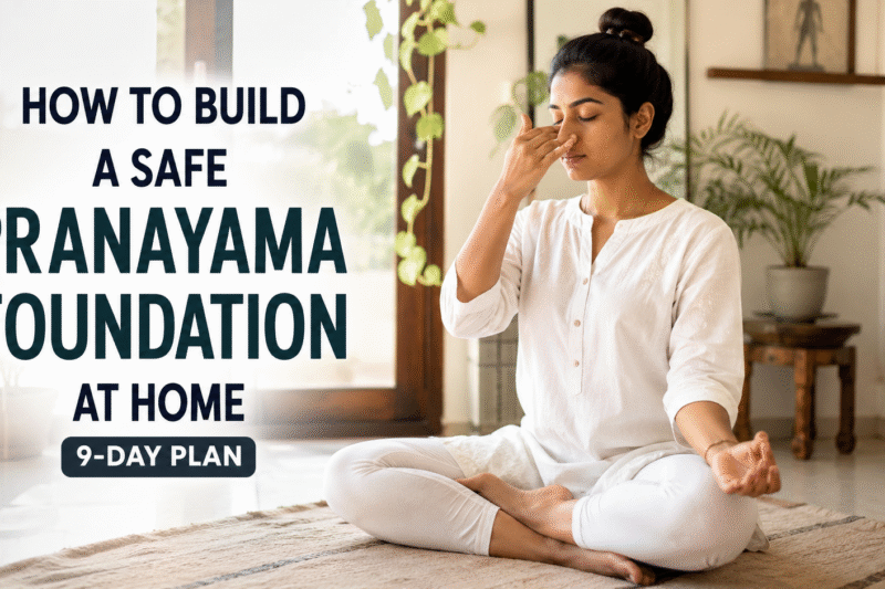 Woman practicing alternate nostril breathing in a bright home yoga space while following a safe 9-day pranayama foundation plan for beginners.