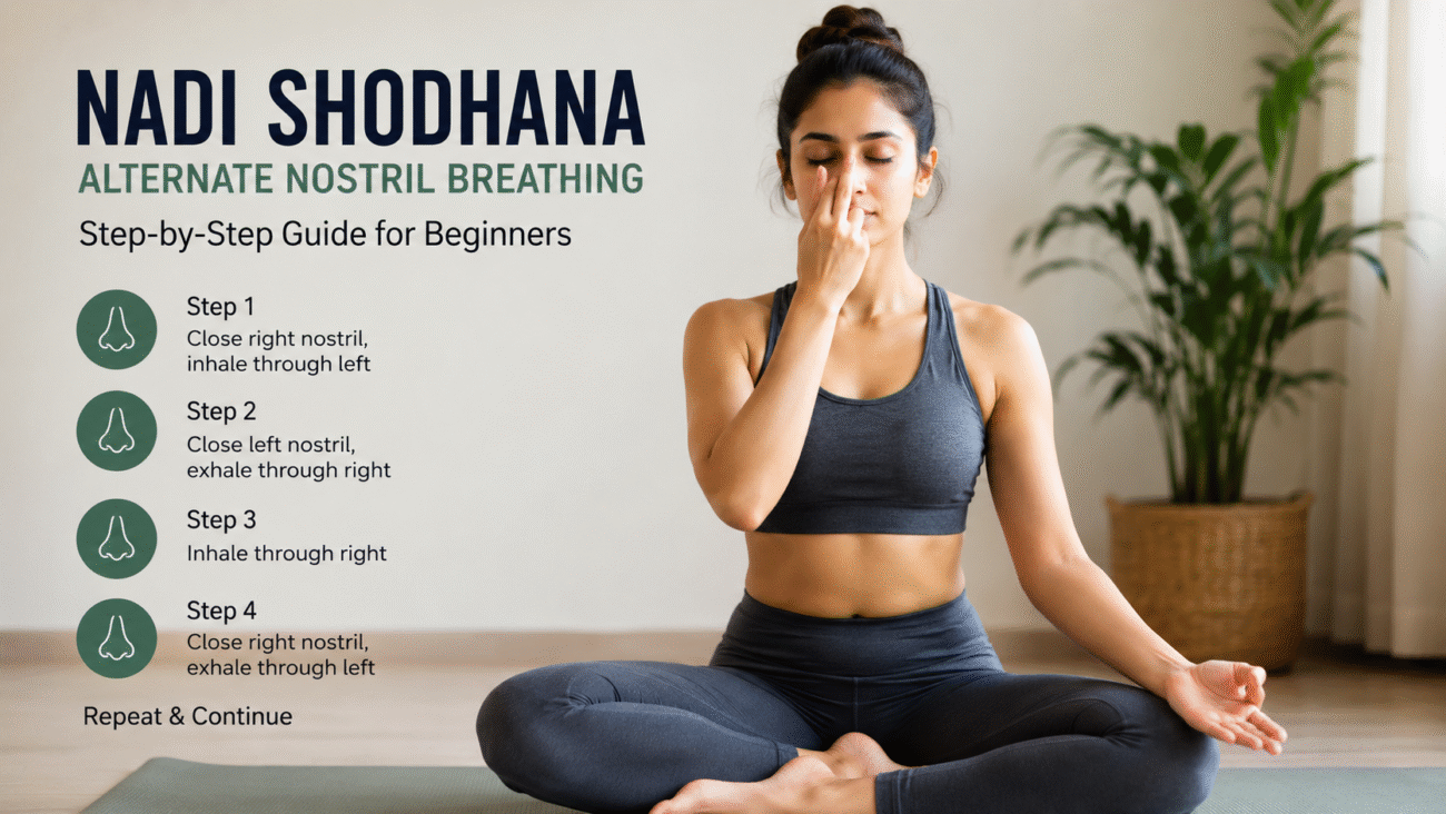 Woman practicing Nadi Shodhana Pranayama alternate nostril breathing technique in a peaceful yoga meditation space