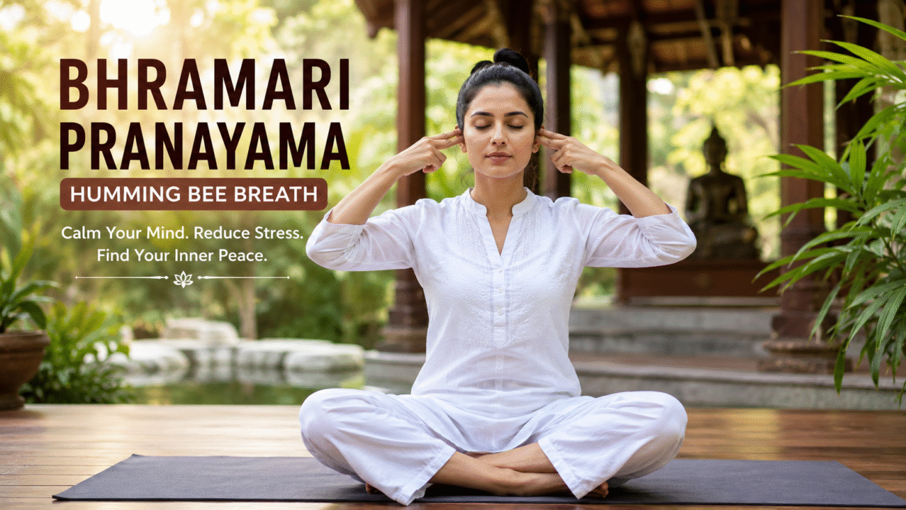 Woman practicing Bhramari Pranayama in a peaceful outdoor yoga setting with eyes closed and fingers placed near ears for humming bee breath meditation.