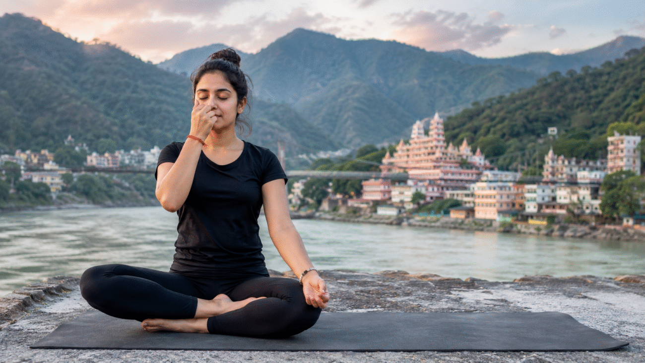 Woman practicing intermediate pranayama by the Ganges River in Rishikesh with Himalayan mountains during sunrise, demonstrating controlled yogic breathing and mindful breathwork.