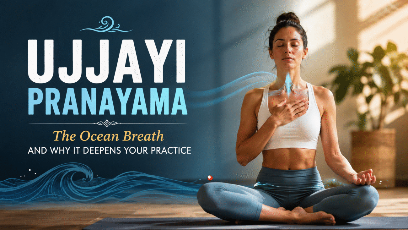 Woman practicing Ujjayi Pranayama with calm ocean breath technique during a yoga session to improve focus, breath control, and mindfulness.
