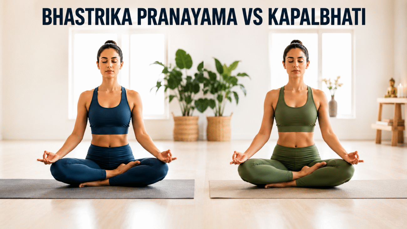 Bhastrika Pranayama vs Kapalbhati comparison showing two women practicing yoga breathing techniques with separate titles highlighting energy and cleansing benefits.