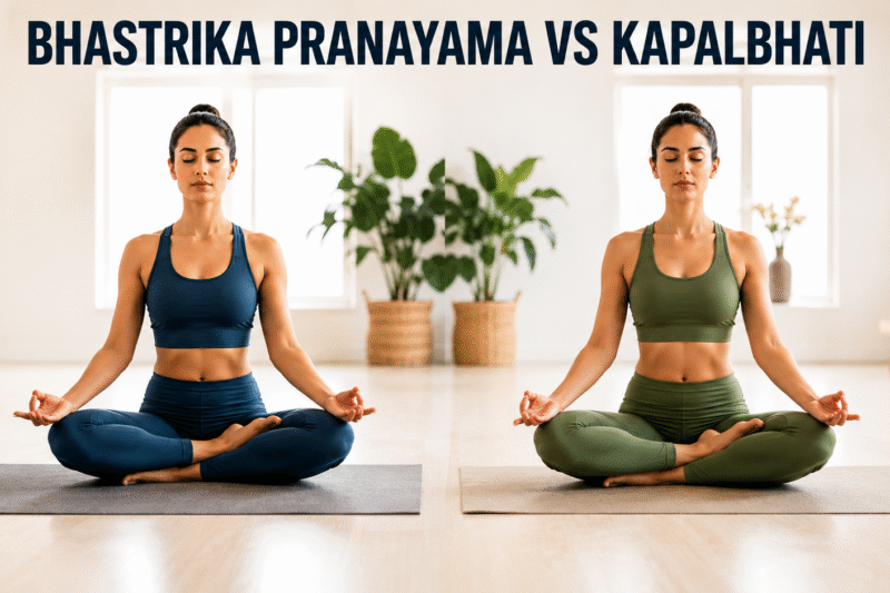 Bhastrika Pranayama vs Kapalbhati comparison showing two women practicing yoga breathing techniques with separate titles highlighting energy and cleansing benefits.