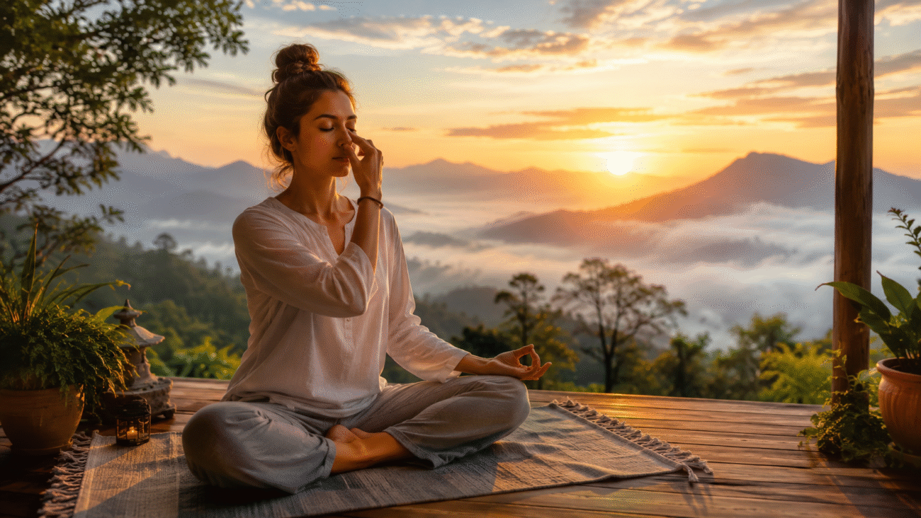 Woman practicing morning pranayama meditation on a wooden deck overlooking misty mountains at sunrise in a peaceful natural setting.