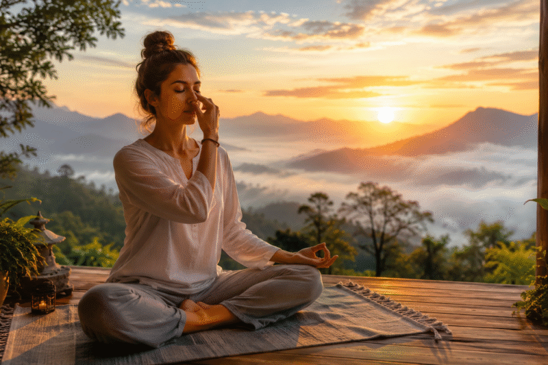 Woman practicing morning pranayama meditation on a wooden deck overlooking misty mountains at sunrise in a peaceful natural setting.