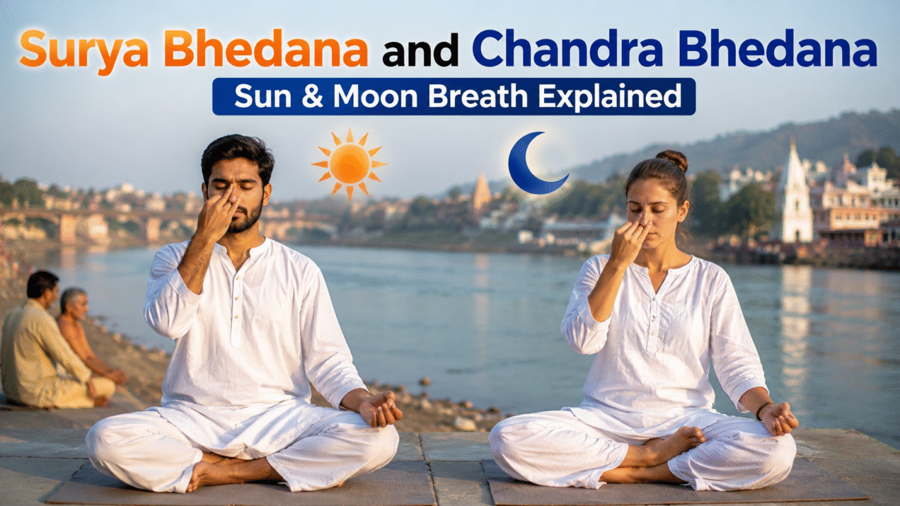 Surya Bhedana and Chandra Bhedana Pranayama demonstration by yoga practitioners showing right and left nostril breathing techniques beside a peaceful riverside.