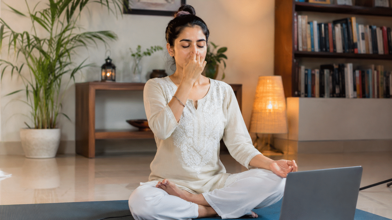 Young woman practicing pranayama during a live online yoga class from home in a calm and modern living space.