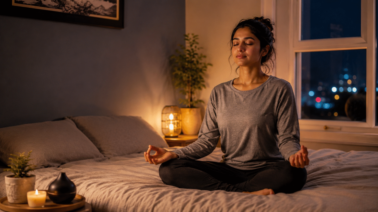 pranayama for sleep - woman practicing evening breathing technique