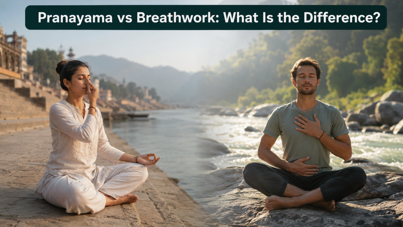 Pranayama vs Breathwork comparison with two people practising mindful breathing beside a peaceful riverside in a natural outdoor setting.