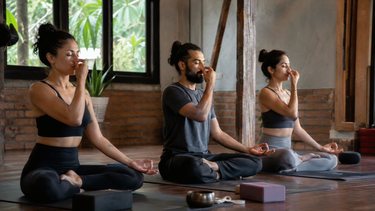 Yoga practitioners demonstrating bandha pranayama with Mula Bandha, Uddiyana Bandha, and Jalandhara Bandha during guided breathing practice.