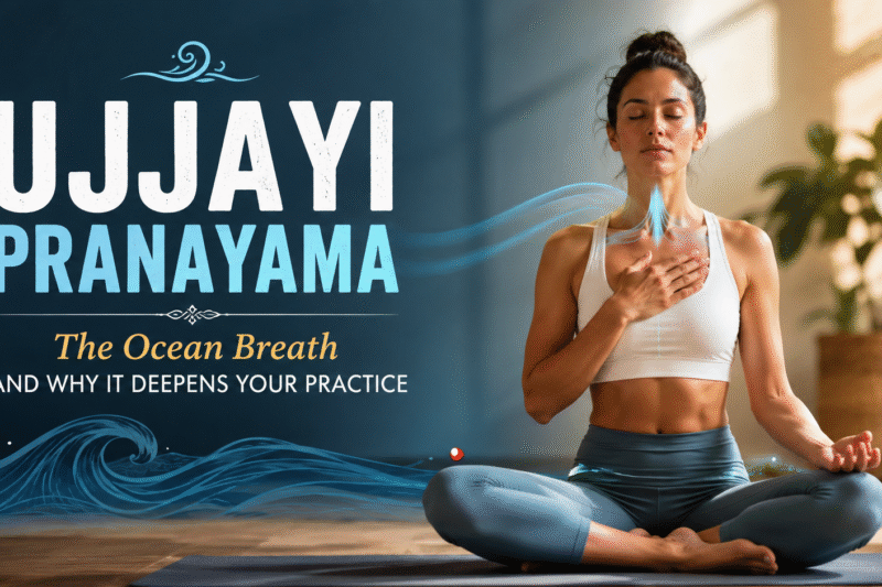 Woman practicing Ujjayi Pranayama with calm ocean breath technique during a yoga session to improve focus, breath control, and mindfulness.