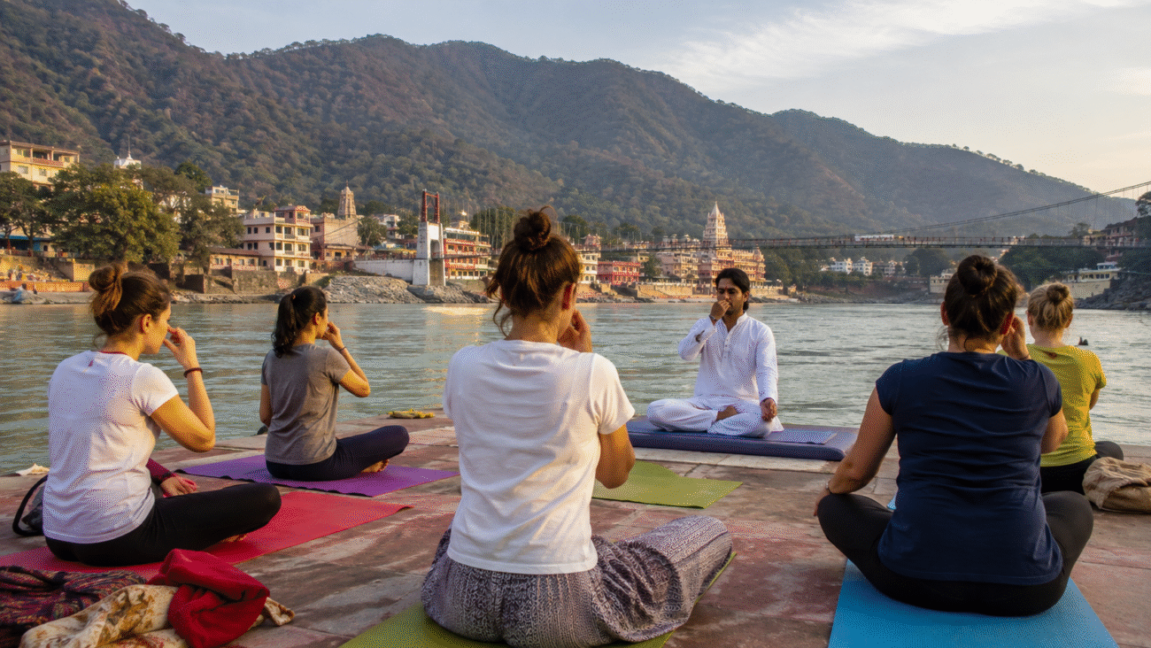 Pranayama class in Rishikesh with a traditional yoga teacher guiding students by the Ganga River