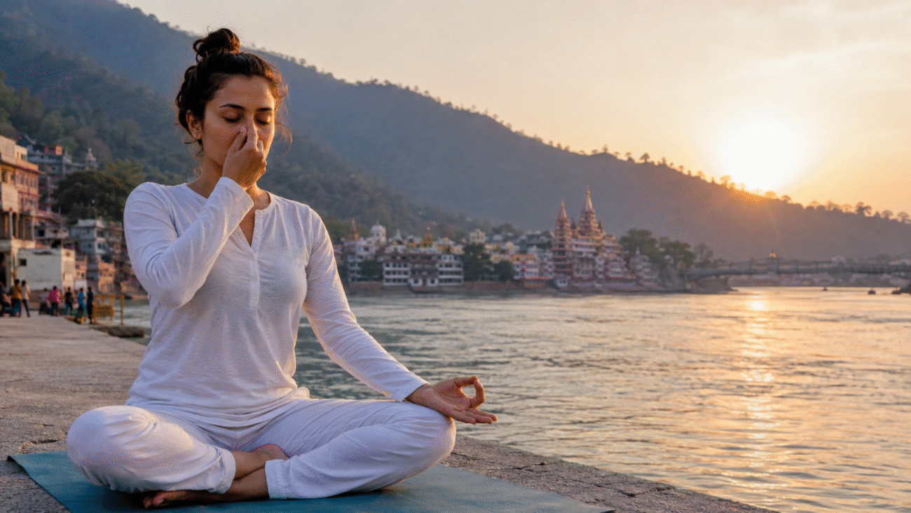 A woman practicing alternate nostril pranayama beside a peaceful riverside at sunrise with mountains and temples in the background.