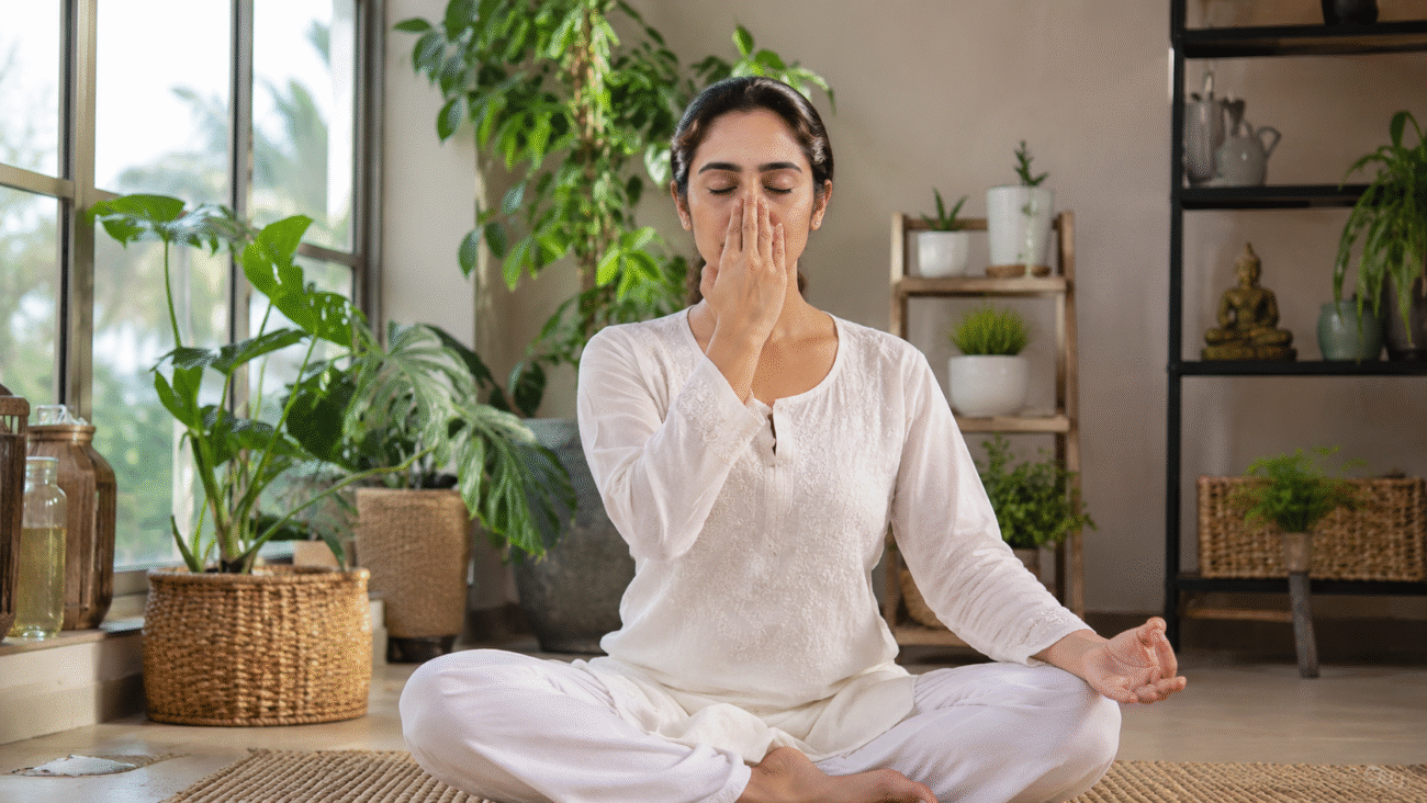 Woman practicing pranayama breathing exercises for weight loss in a peaceful yoga studio