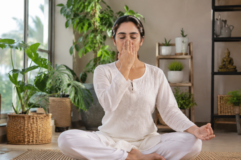 Woman practicing pranayama breathing exercises for weight loss in a peaceful yoga studio