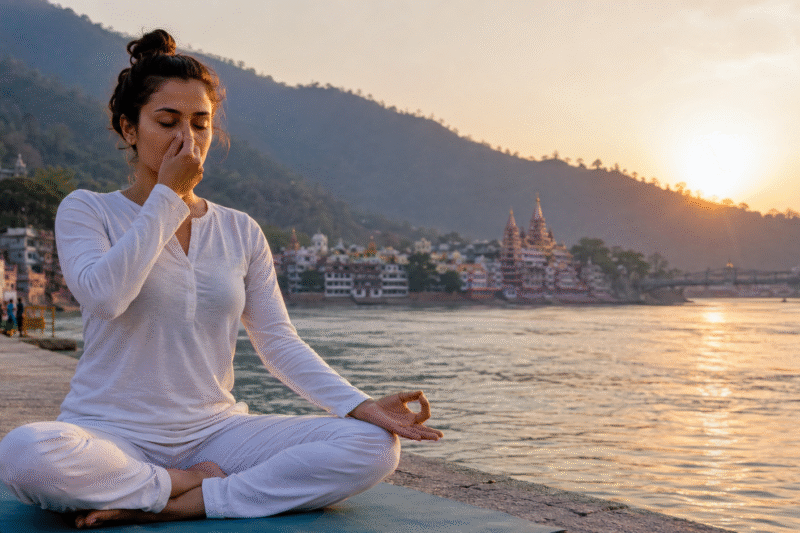 A woman practicing alternate nostril pranayama beside a peaceful riverside at sunrise with mountains and temples in the background.